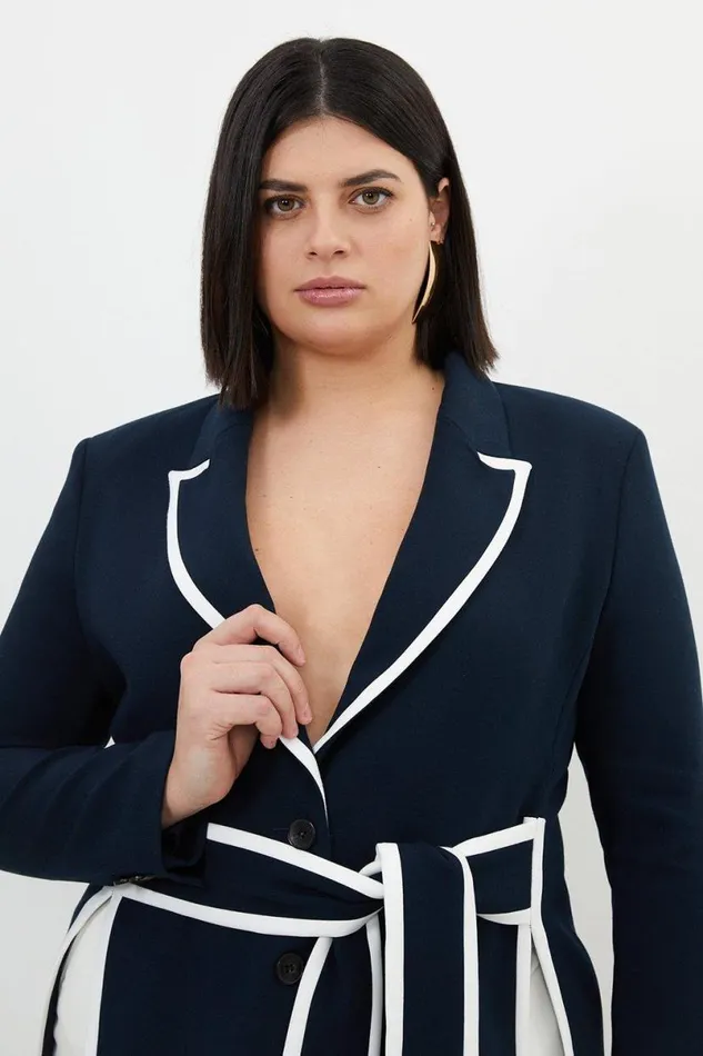 Plus Size Compact Stretch Tailored Belted Tipped Blazer Midnight Women Karen Millen Coats and Jackets
