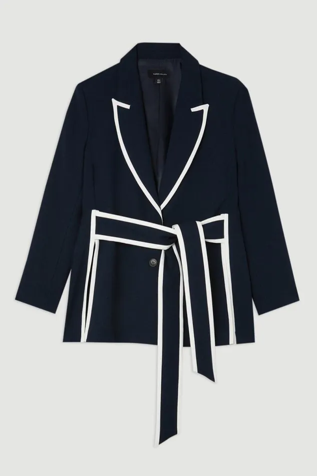 Plus Size Compact Stretch Tailored Belted Tipped Blazer Midnight Women Karen Millen Coats and Jackets