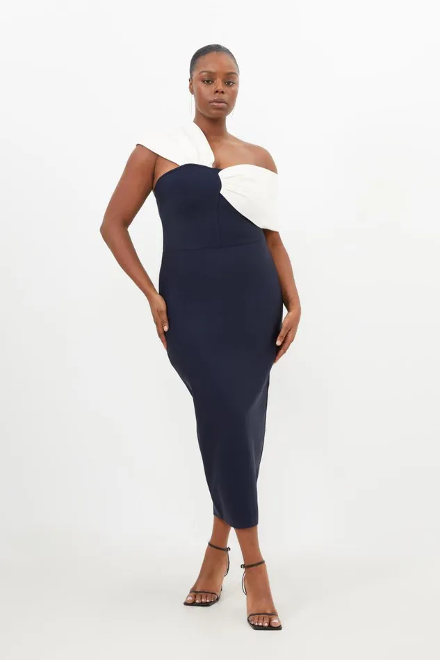 Plus Size Figure Form Bandage Knit Asymmetric Strap Midi Dress Navy Women Karen Millen Dresses