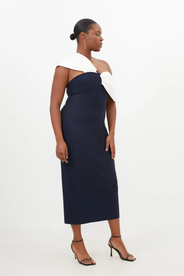 Plus Size Figure Form Bandage Knit Asymmetric Strap Midi Dress Navy Women Karen Millen Dresses