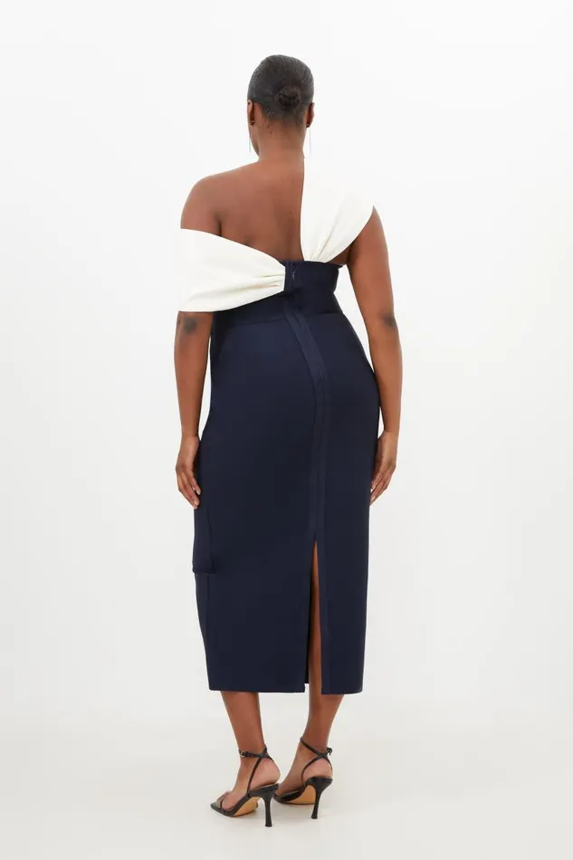 Plus Size Figure Form Bandage Knit Asymmetric Strap Midi Dress Navy Women Karen Millen Dresses