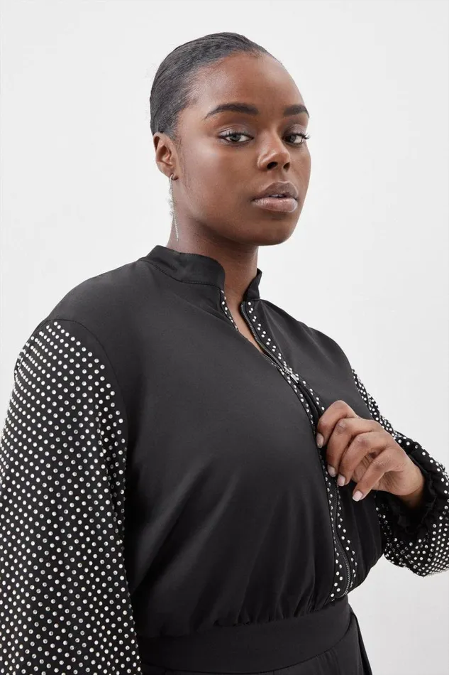 Plus Size Jersey Crepe Embellished Panelled Jacket Silver Women Karen Millen Coats and Jackets