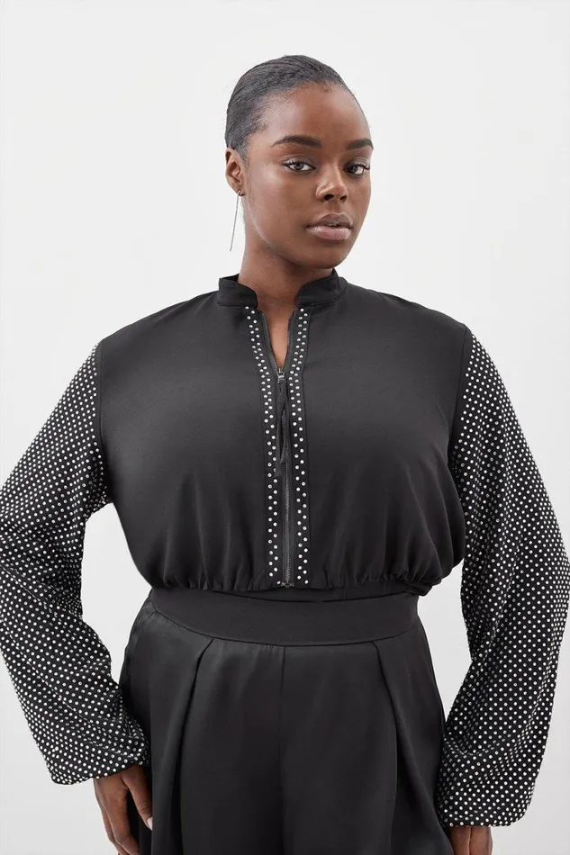 Plus Size Jersey Crepe Embellished Panelled Jacket Silver Women Karen Millen Coats and Jackets