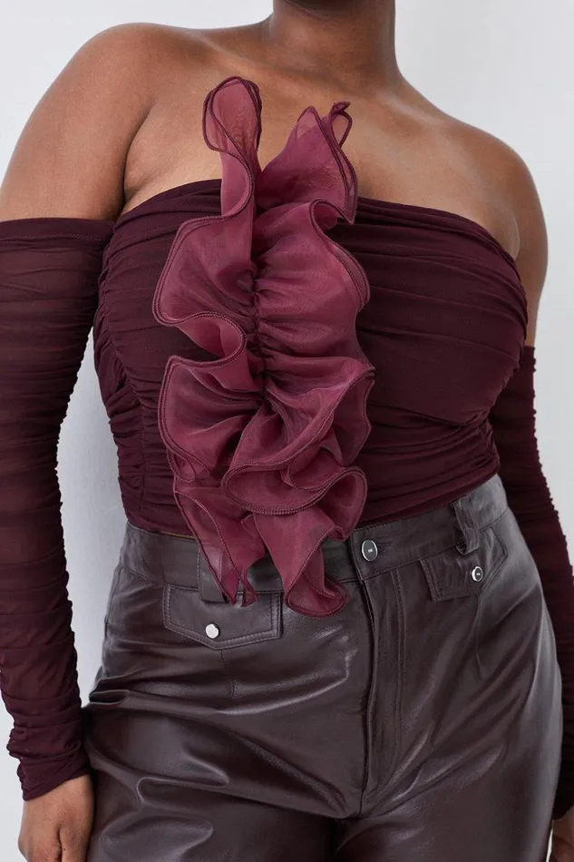Plus Size Ponte And Mesh Rouched Organza Frill Bardot Top Chocolate Women Karen Millen Tops
