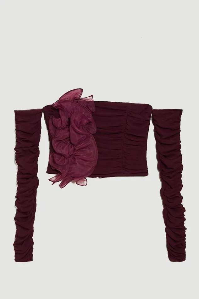 Plus Size Ponte And Mesh Rouched Organza Frill Bardot Top Chocolate Women Karen Millen Tops
