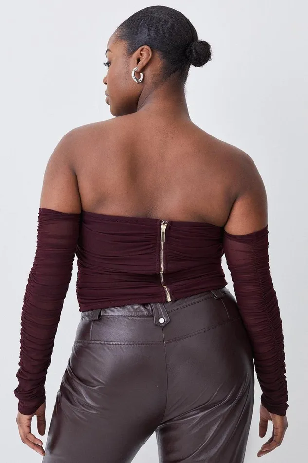 Plus Size Ponte And Mesh Rouched Organza Frill Bardot Top Chocolate Women Karen Millen Tops