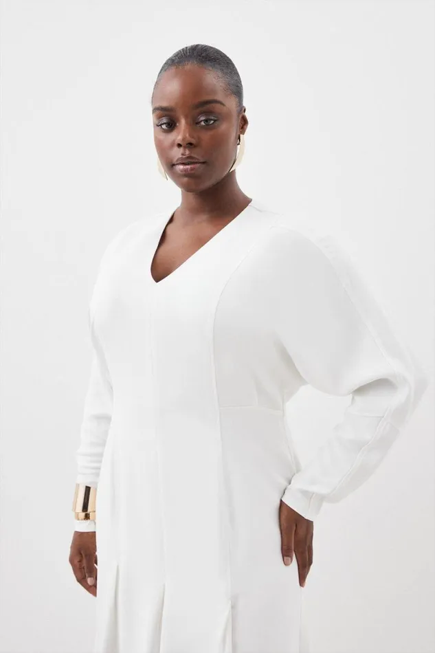 Plus Size Premium Viscose Crepe V Neck Long Sleeve Woven Midi Dress Ivory Women Karen Millen Dresses