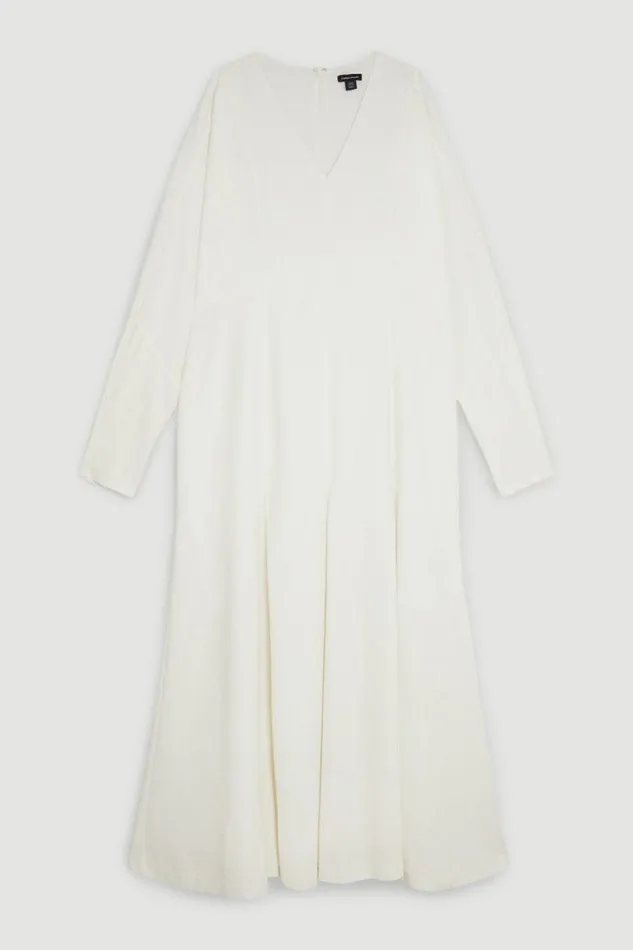 Plus Size Premium Viscose Crepe V Neck Long Sleeve Woven Midi Dress Ivory Women Karen Millen Dresses