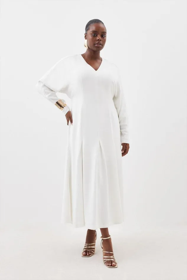 Plus Size Premium Viscose Crepe V Neck Long Sleeve Woven Midi Dress Ivory Women Karen Millen Dresses