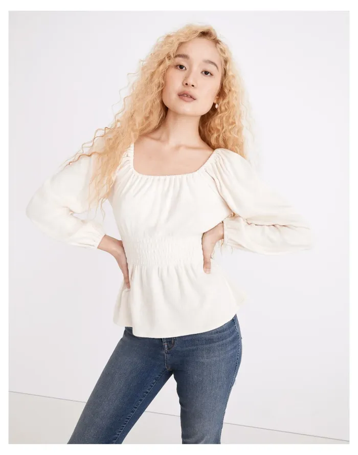 Plush Square Neck Smocked Top Bleached Linen Women Madewell Tops and Shirts