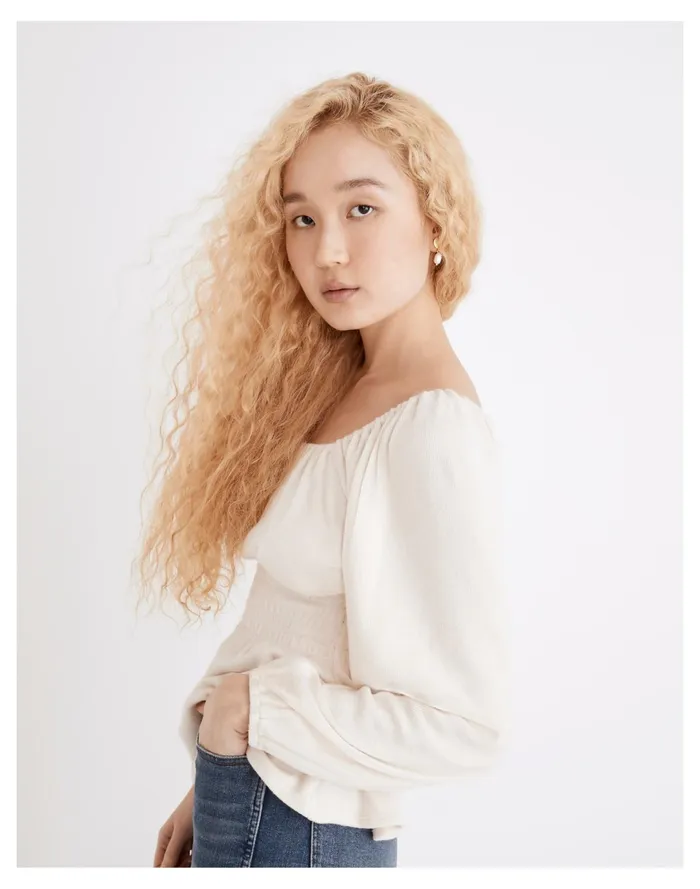 Plush Square Neck Smocked Top Bleached Linen Women Madewell Tops and Shirts
