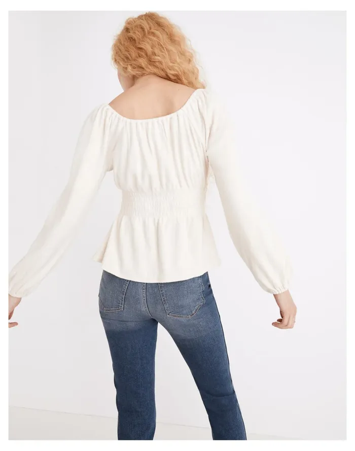 Plush Square Neck Smocked Top Bleached Linen Women Madewell Tops and Shirts
