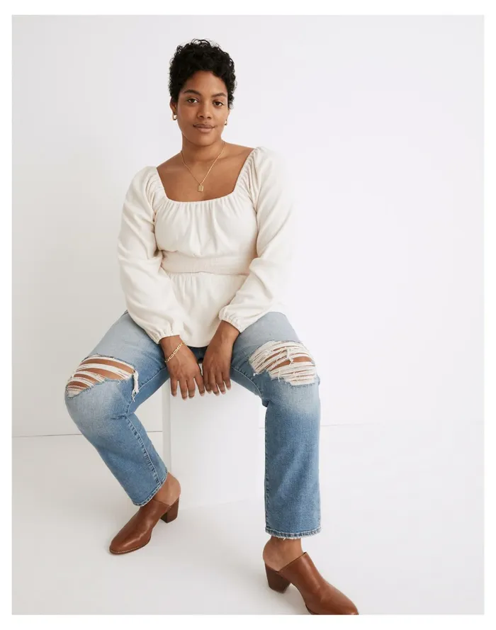 Plush Square Neck Smocked Top Bleached Linen Women Madewell Tops and Shirts