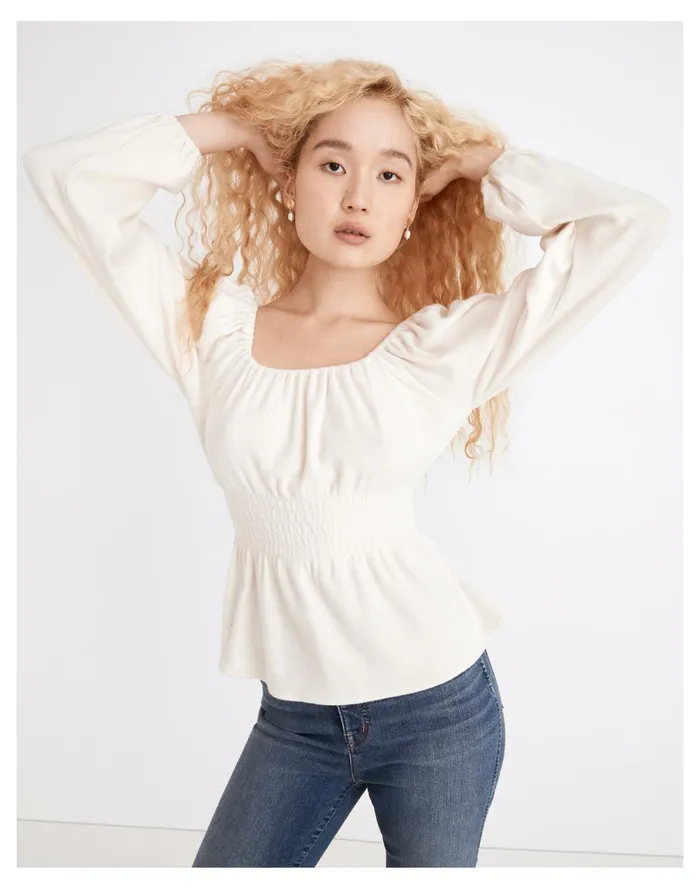 Plush Square Neck Smocked Top Bleached Linen Women Madewell Tops and Shirts