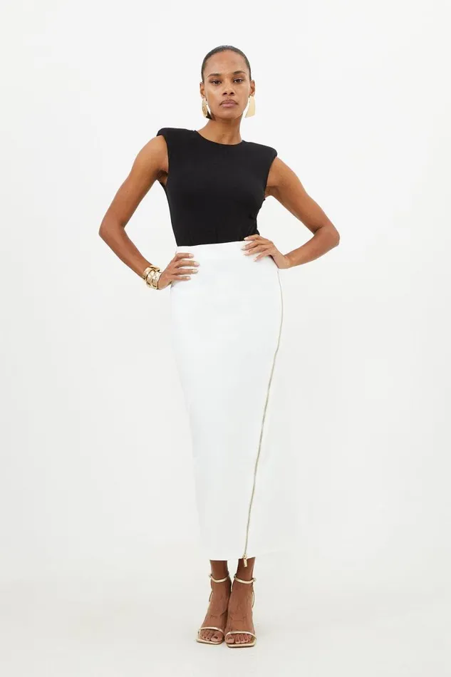 Ponte Zip Detail Midaxi Skirt Ivory Women Karen Millen Dresses