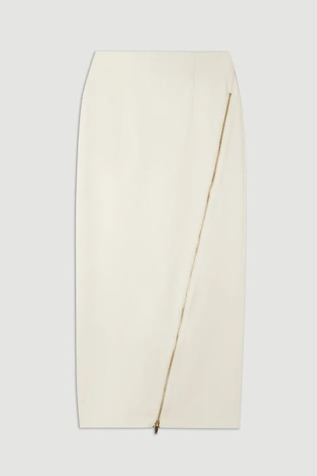 Ponte Zip Detail Midaxi Skirt Ivory Women Karen Millen Dresses