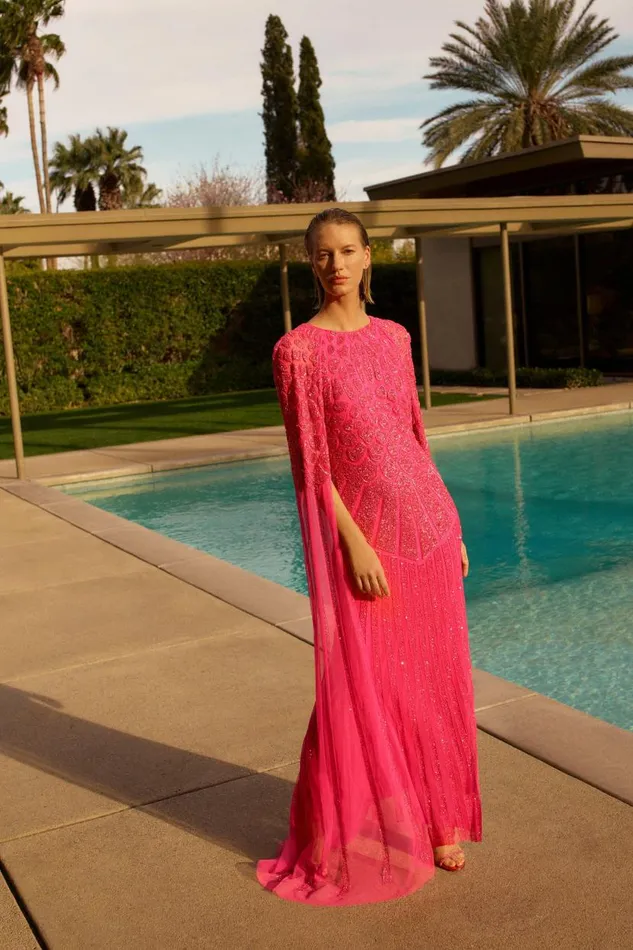 Premium Embellished Caped Maxi Dress Hot Pink Women Karen Millen Dresses