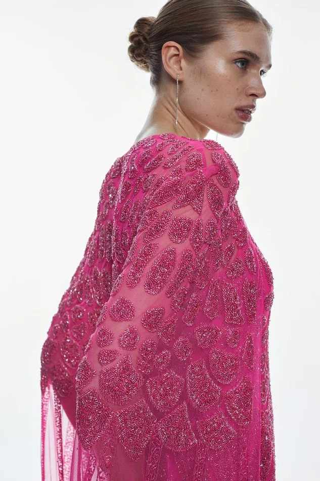 Premium Embellished Caped Maxi Dress Hot Pink Women Karen Millen Dresses