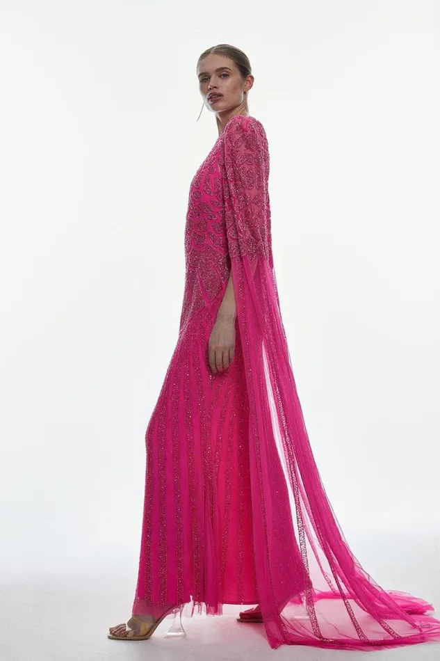 Premium Embellished Caped Maxi Dress Hot Pink Women Karen Millen Dresses