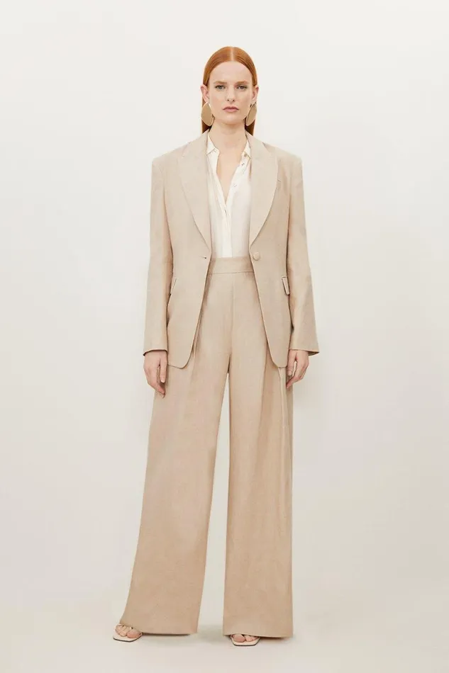 Premium Linen Tailored Single Breasted Longline Blazer Neutral Women Karen Millen Coats and Jackets