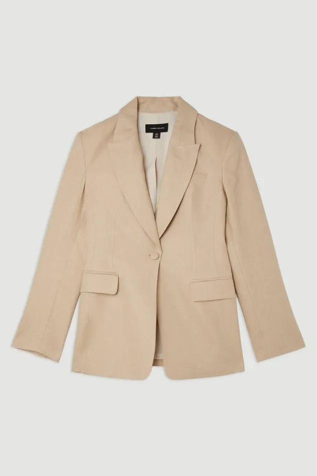 Premium Linen Tailored Single Breasted Longline Blazer Neutral Women Karen Millen Coats and Jackets