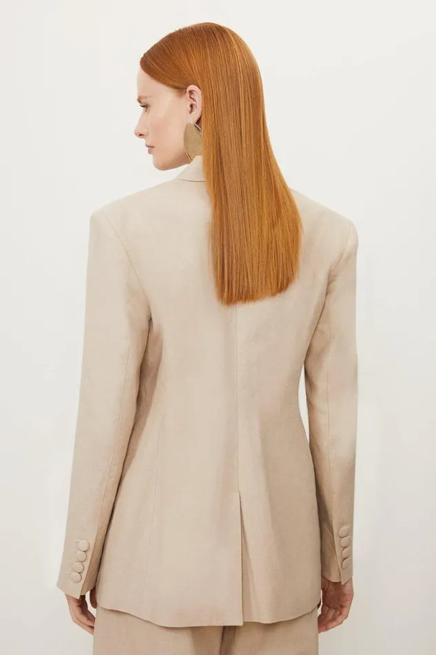 Premium Linen Tailored Single Breasted Longline Blazer Neutral Women Karen Millen Coats and Jackets