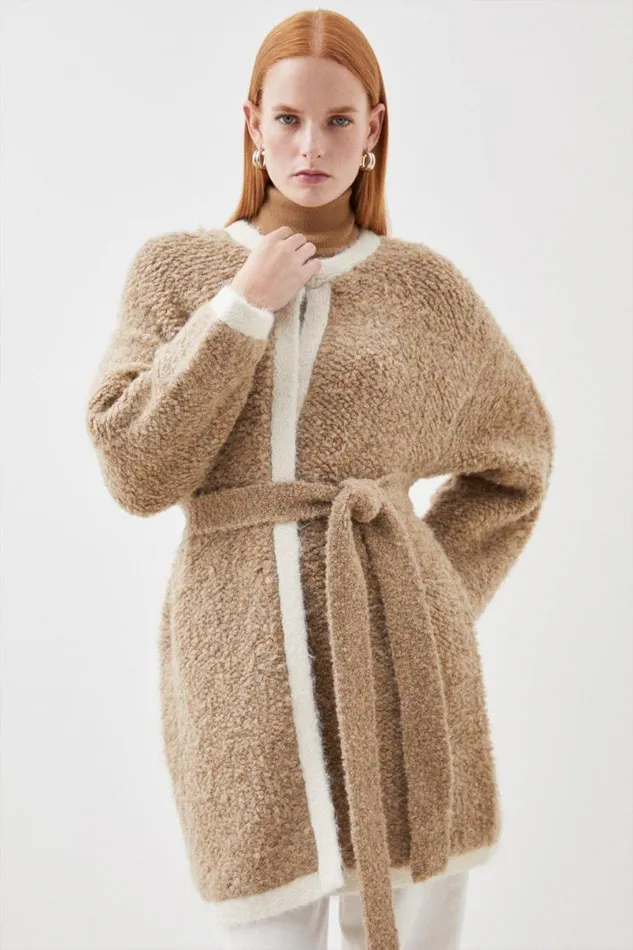 Premium Loopy Textured Belted Knit Jacket Sand Women Karen Millen Coats and Jackets