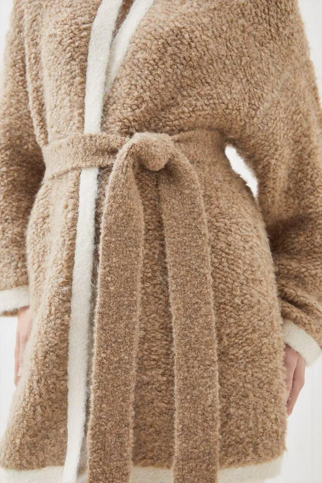 Premium Loopy Textured Belted Knit Jacket Sand Women Karen Millen Coats and Jackets