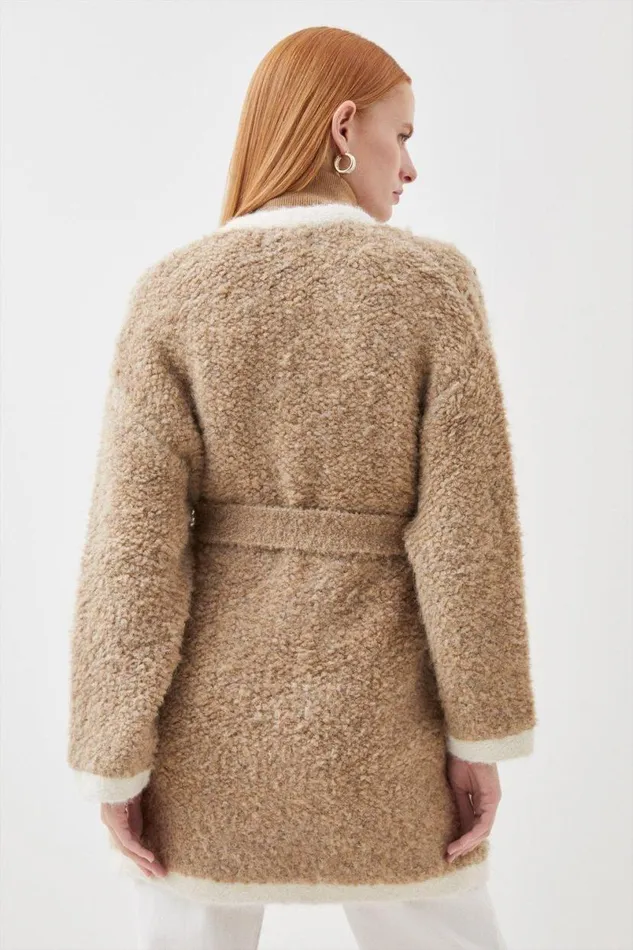 Premium Loopy Textured Belted Knit Jacket Sand Women Karen Millen Coats and Jackets