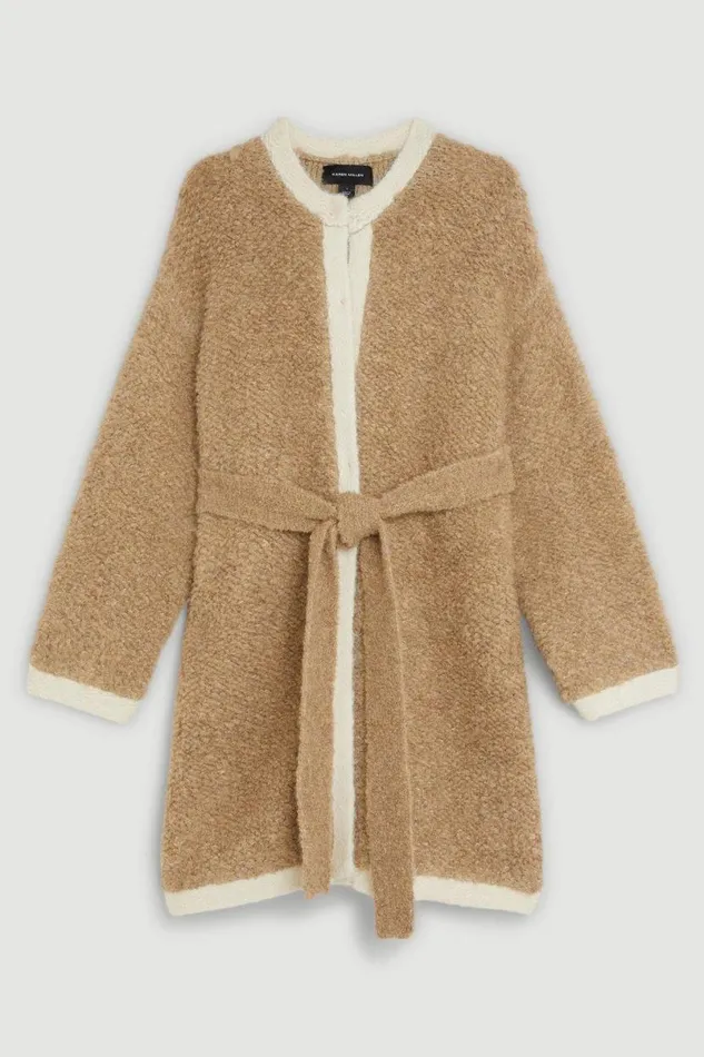 Premium Loopy Textured Belted Knit Jacket Sand Women Karen Millen Coats and Jackets