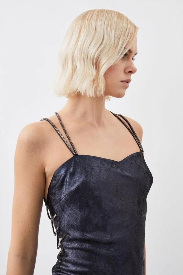 Premium Metallic Diamante Detail Woven Midaxi Dress Navy Women Karen Millen Dresses