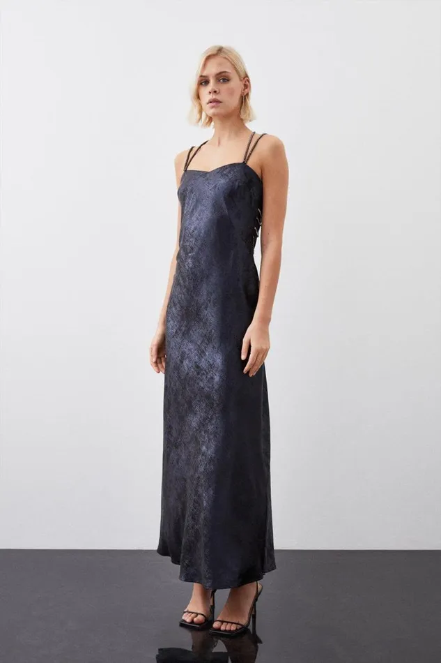 Premium Metallic Diamante Detail Woven Midaxi Dress Navy Women Karen Millen Dresses
