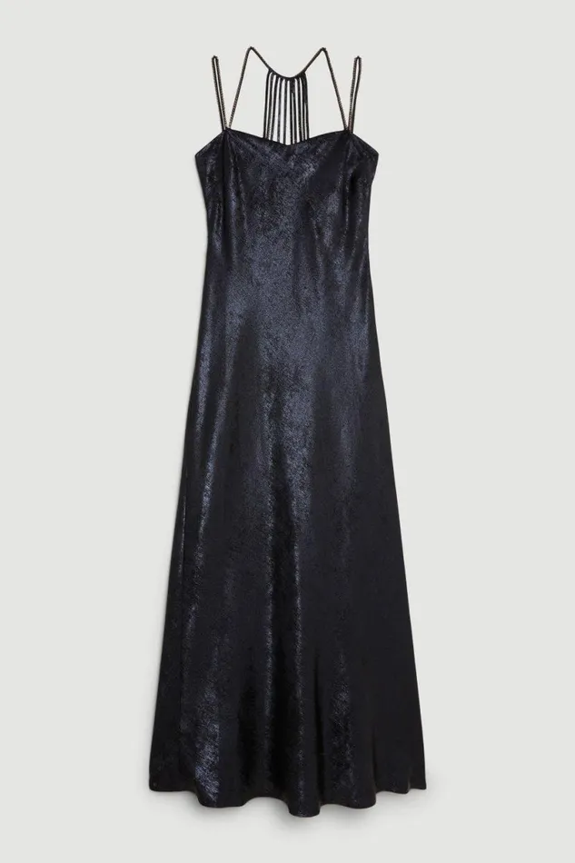 Premium Metallic Diamante Detail Woven Midaxi Dress Navy Women Karen Millen Dresses