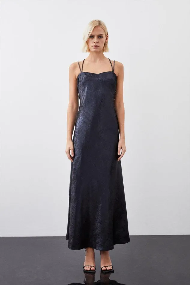 Premium Metallic Diamante Detail Woven Midaxi Dress Navy Women Karen Millen Dresses