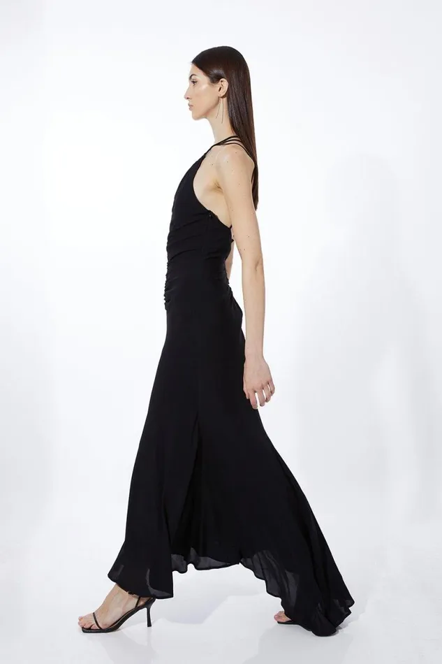 Premium Ruched Halter Strappy Maxi Dress Black Women Karen Millen Dresses
