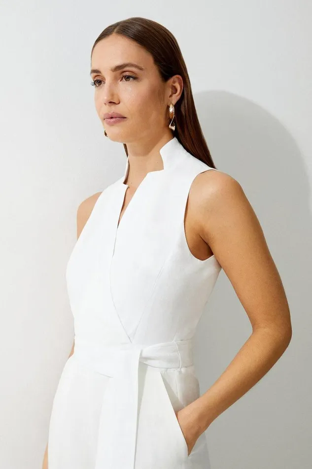 Premium Tailored Linen Notch Neck Belted Straight Leg Jumpsuit Ivory Women Karen Millen Jumpsuits and Playsuits