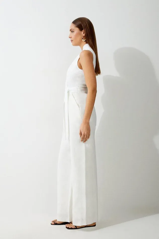 Premium Tailored Linen Notch Neck Belted Straight Leg Jumpsuit Ivory Women Karen Millen Jumpsuits and Playsuits
