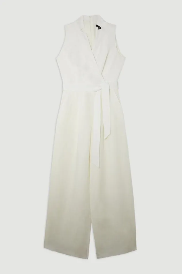 Premium Tailored Linen Notch Neck Belted Straight Leg Jumpsuit Ivory Women Karen Millen Jumpsuits and Playsuits