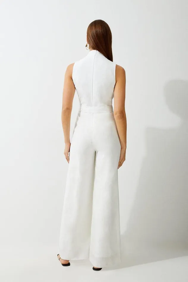 Premium Tailored Linen Notch Neck Belted Straight Leg Jumpsuit Ivory Women Karen Millen Jumpsuits and Playsuits