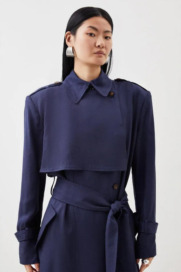 Premium Utility Linen Strong Shoulder Maxi Trench Navy Women Karen Millen Coats and Jackets