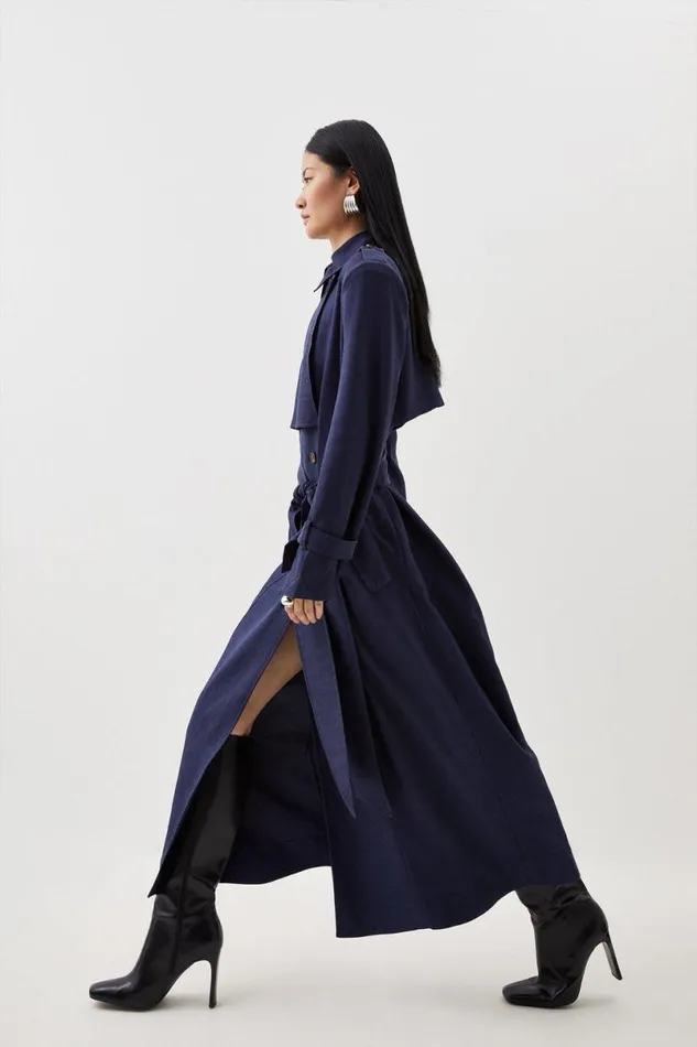 Premium Utility Linen Strong Shoulder Maxi Trench Navy Women Karen Millen Coats and Jackets