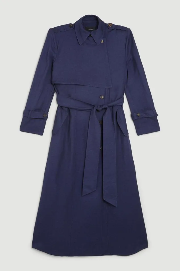 Premium Utility Linen Strong Shoulder Maxi Trench Navy Women Karen Millen Coats and Jackets