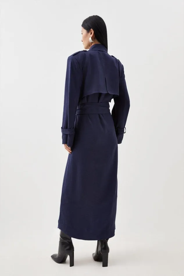 Premium Utility Linen Strong Shoulder Maxi Trench Navy Women Karen Millen Coats and Jackets
