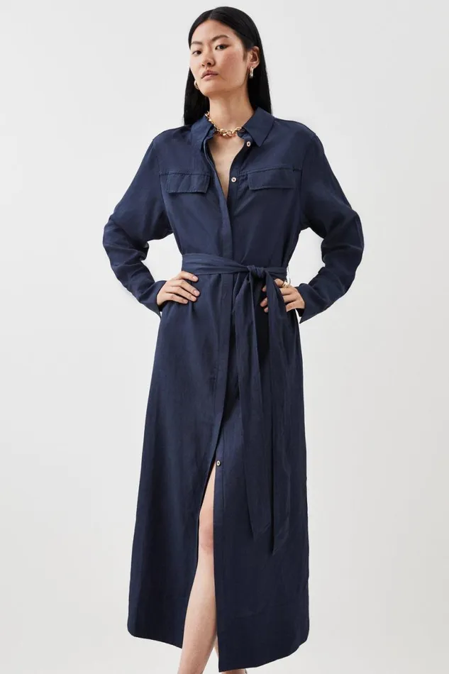 Premium Utility Linen Woven Midi Shirt Dress Navy Women Karen Millen Dresses