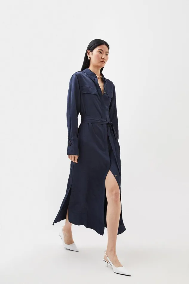 Premium Utility Linen Woven Midi Shirt Dress Navy Women Karen Millen Dresses