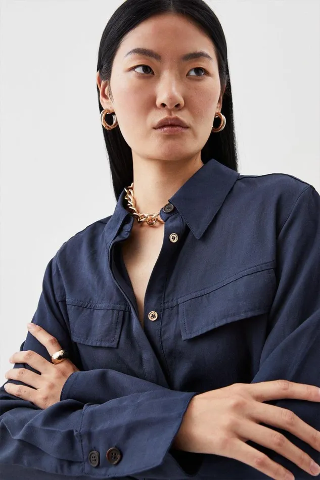 Premium Utility Linen Woven Midi Shirt Dress Navy Women Karen Millen Dresses