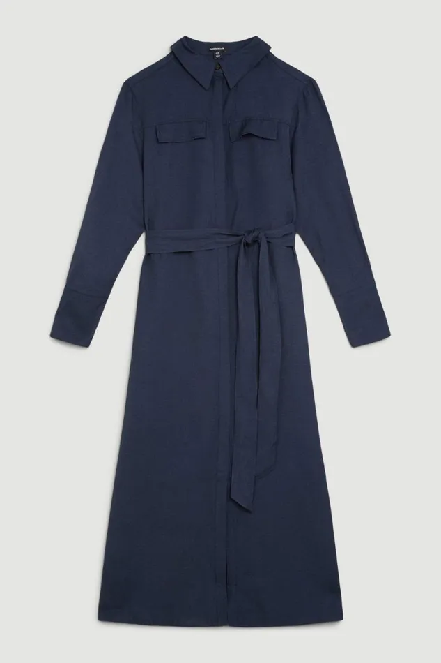 Premium Utility Linen Woven Midi Shirt Dress Navy Women Karen Millen Dresses