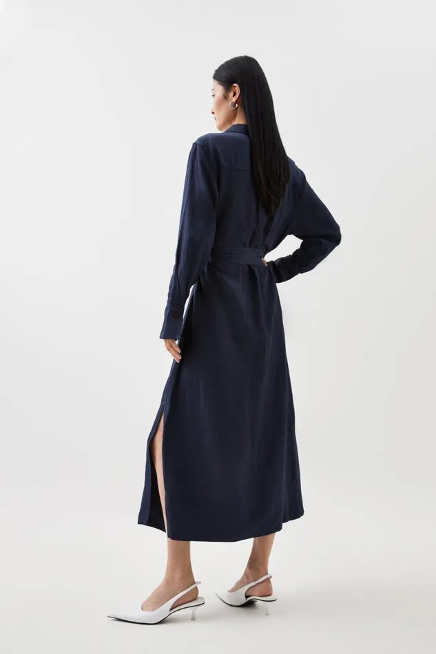 Premium Utility Linen Woven Midi Shirt Dress Navy Women Karen Millen Dresses