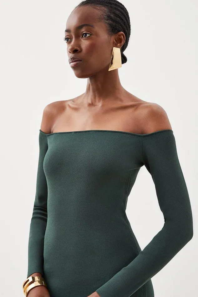Premium Viscose Blend Body Contouring Bardot Knit Midi Dress Green Women Karen Millen Dresses