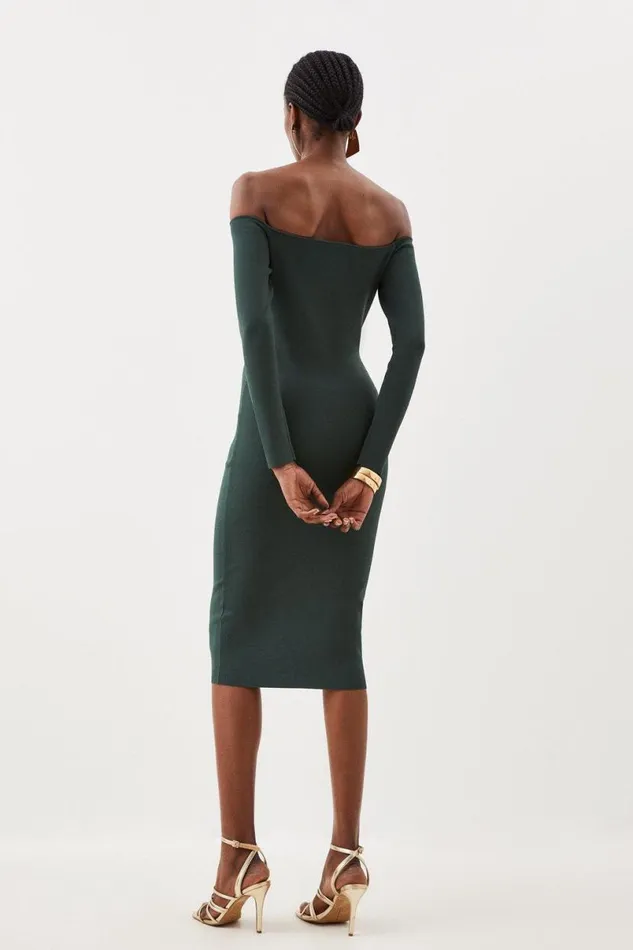 Premium Viscose Blend Body Contouring Bardot Knit Midi Dress Green Women Karen Millen Dresses